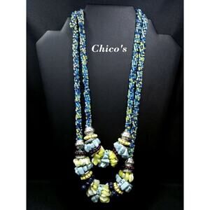Chico's Blue Green Seed Bead Gemstone MOP Two Strand Necklace, 25 Inches